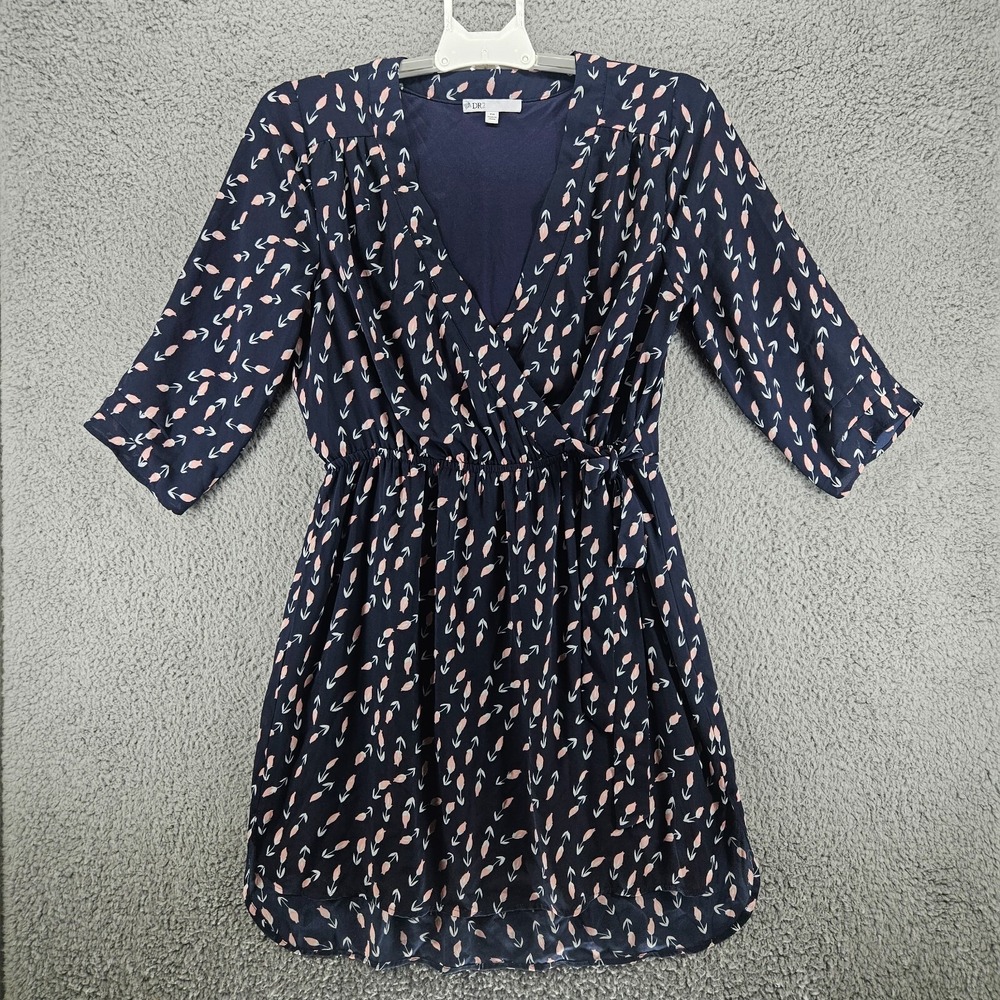 DR2 women Blue Floral Print Faux Wrap 3/4 Sleeve Lined Gathered Waist Size PM‎